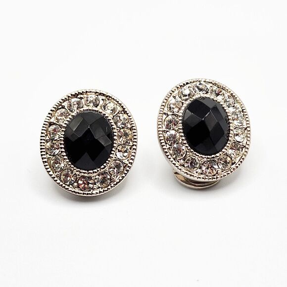 Vtg Monet Faceted Black Rhinestone Silver Tone Faux Diamond Halo Clip Earrings - Picture 1 of 6